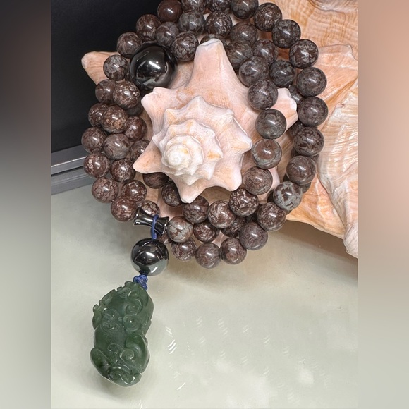 BROWN SNOWFLAKES OBSIDIAN + HEMATITE + PIXIU NATURAL NECKLACE - Picture 5 of 16